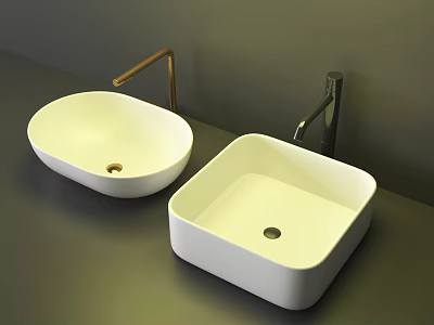 Modern White Oval and Square Washbasins with Gold Silver Handles on Grey Countertop 3d model