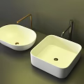 Modern White Oval and Square Washbasins with Gold Silver Handles on Grey Countertop