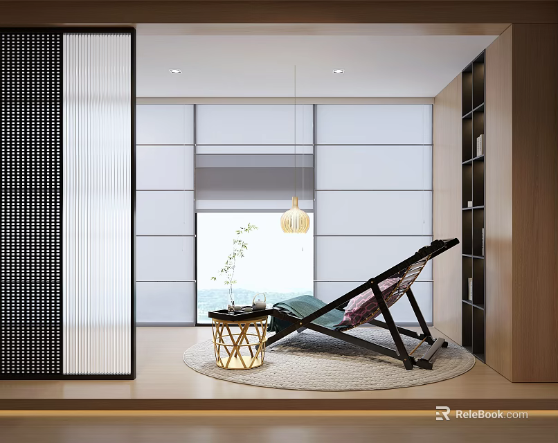 Modern Indoor Hammock Leisure Chair With Round Rug Side Table And Pendant Light 3d model 