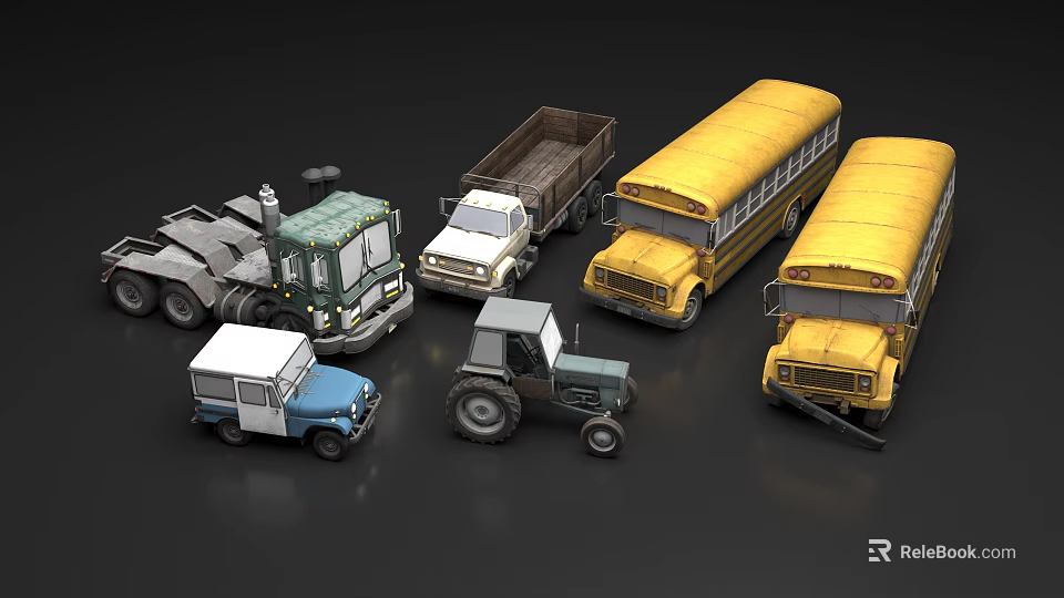 Various Utility Vehicles Including School Buses Trucks Tractor And Pickup Trucks 3d model 