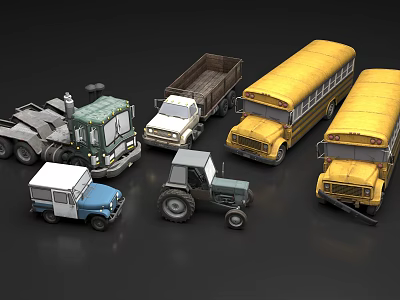 Various Utility Vehicles Including School Buses Trucks Tractor And Pickup Trucks 3d model