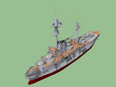 Detailed 3D Warship Model with Gray Hull Red Bottom and Orange Deck Features 3d model