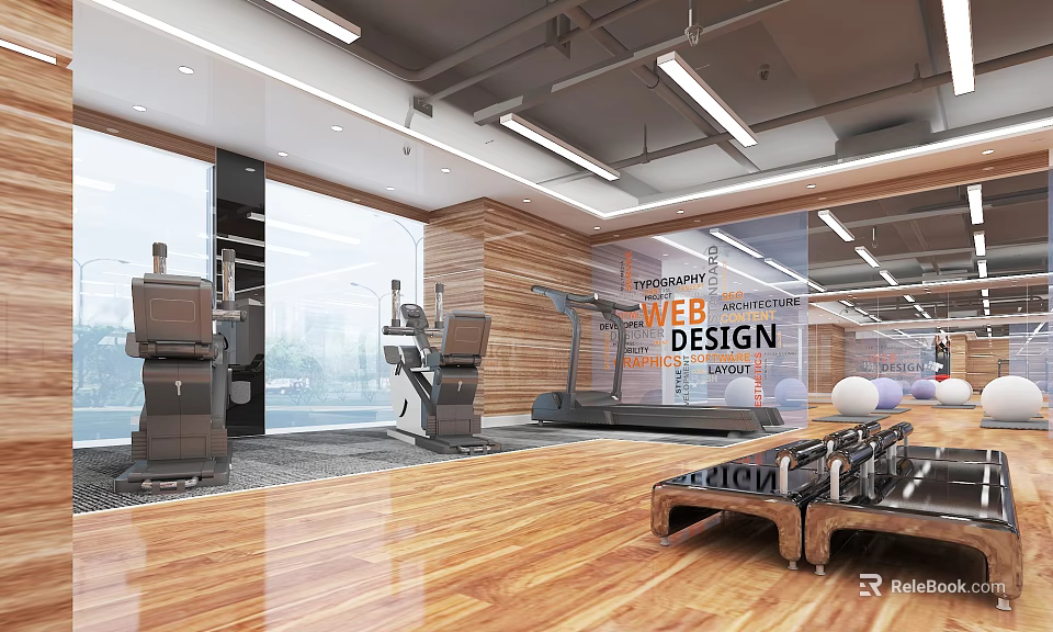 Modern Fitness Gym With Spacious Workout Area Premium Equipment Wooden Flooring And Glass Windows 3d model 