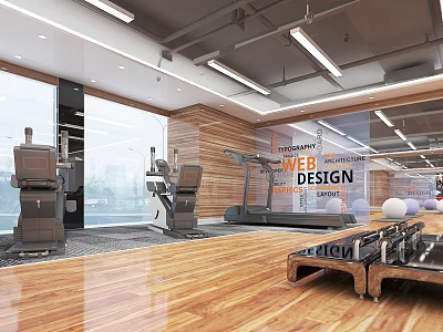 Modern Fitness Gym With Spacious Workout Area Premium Equipment Wooden Flooring And Glass Windows 3d model