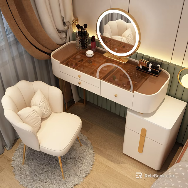 Elegant Modern Dressing Table with Round Mirror Makeup Organizer and Upholstered Chair 3d model 