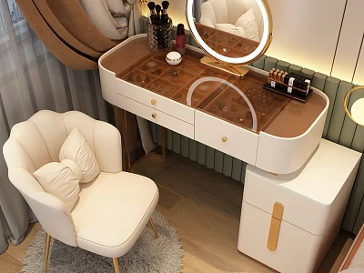 Elegant Modern Dressing Table with Round Mirror Makeup Organizer and Upholstered Chair 3d model