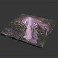 3D Volcano Terrain Model With Square Base Green Vegetation And Purple Lava Traces
