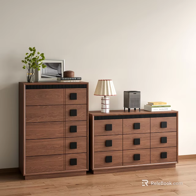 Mid Century Modern Walnut Solid Wood Chest Of Drawers Set For Cozy Bedroom Storage Decoration 3d model 