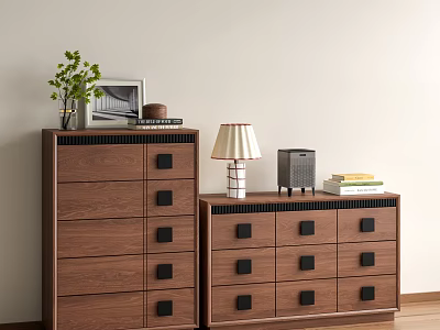 Mid Century Modern Walnut Solid Wood Chest Of Drawers Set For Cozy Bedroom Storage Decoration 3d model