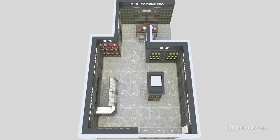 Aerial View of Premium Tea Shop Interior With Shelves Counter Seating Area and Tables 3d model 