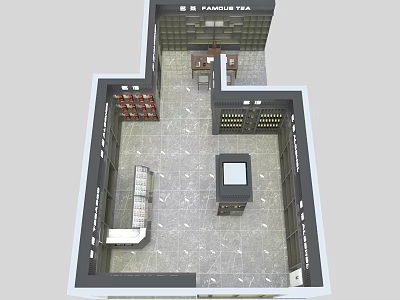 Aerial View of Premium Tea Shop Interior With Shelves Counter Seating Area and Tables 3d model