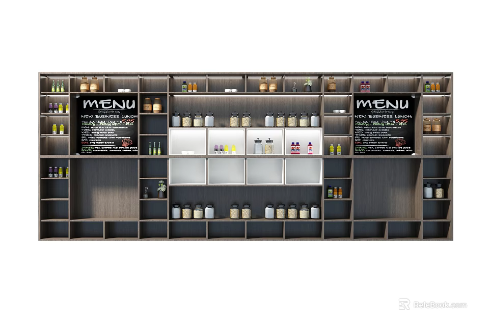 Storage Shelving Unit With MENU Boards And Assorted Bottles Jars On Tiered Shelves 3d model 