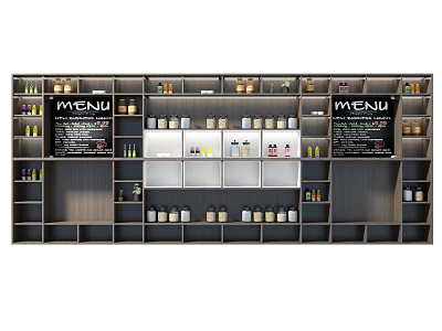 Storage Shelving Unit With MENU Boards And Assorted Bottles Jars On Tiered Shelves 3d model