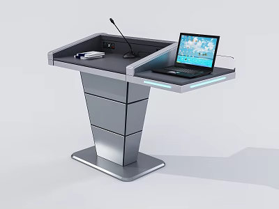 Modern Silver Podium With Microphone Laptop And Stationery On Layered Platform 3d model