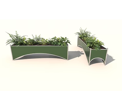 Outdoor Garden Planter Boxes Green Curved Design With Ferns And Green Plants 3d model