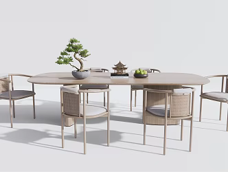 New Chinese Dining Table and Chair Combination Dining Table and Chair Log Dining Table and Chair Rattan Leisure Chair 3d model