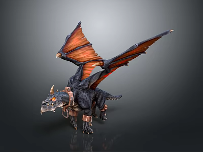 Mythical Black Dragon 3D Model With Orange Wings Horned Saddle And Reins 3d model