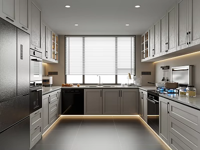 Modern Kitchen Interior With Gray Cabinets Stainless Steel Appliances Sleek Countertop And Large Window 3d model