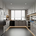 Modern Kitchen Interior With Gray Cabinets Stainless Steel Appliances Sleek Countertop And Large Window