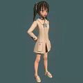 3D Model Anime Character Girl With Green Eyes Pigtails And Blue Ribbon In Beige Coat Standing Pose