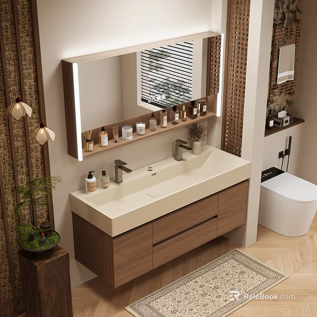Elegant Modern Bathroom Vanity With Wooden Cabinet White Countertop And Mirror Shelf 3d model 