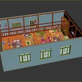 Cartoon Classroom Scene with Blue Walls Wooden Floor Tables Chairs Paintings Windows and Bookshelf