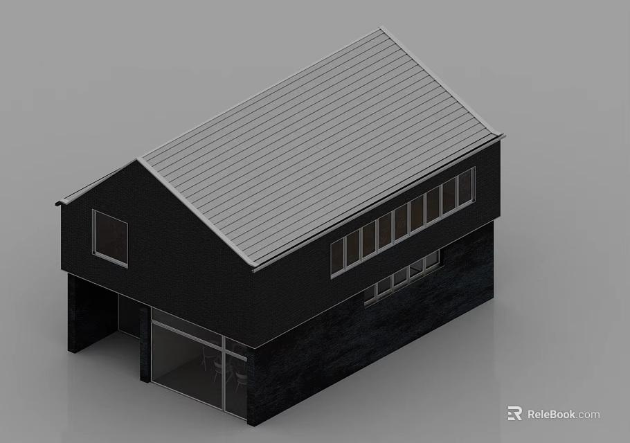 Modern Black Two Story House With Silver Roof And Glass Doors And Windows 3d model 