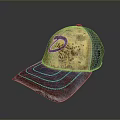Vintage Distressed Worn Cap With Yellow Blue Color Block And Rustic Spots