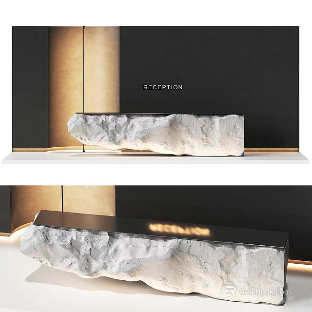 Modern Stone Reception Desk With Illuminated Sign And Warm Lighting Design 3d model 