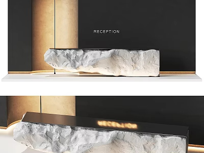 Modern Stone Reception Desk With Illuminated Sign And Warm Lighting Design 3d model
