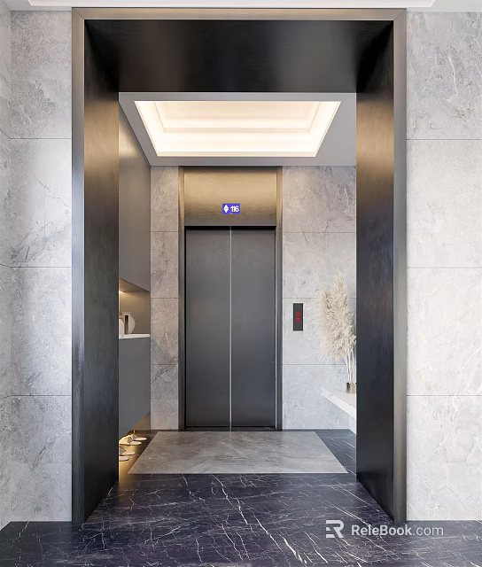 Sleek Modern Elevator Lobby With Marble Accent Walls Metal Doors Ceiling Lights And Decorative Vase 3d model 