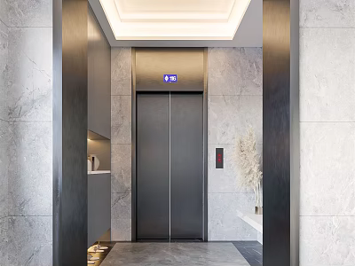Sleek Modern Elevator Lobby With Marble Accent Walls Metal Doors Ceiling Lights And Decorative Vase 3d model