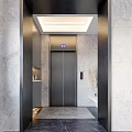 Sleek Modern Elevator Lobby With Marble Accent Walls Metal Doors Ceiling Lights And Decorative Vase