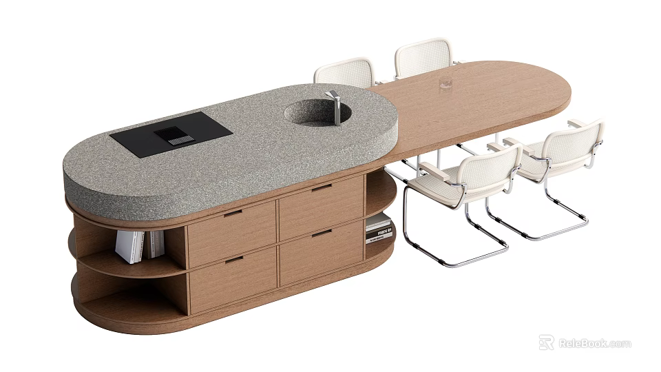 Modern Kitchen Dining Table Set With Oval Wooden Top Sink Stove And White Chairs 3d model 