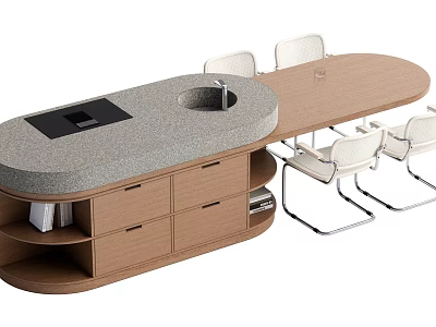 Modern Kitchen Dining Table Set With Oval Wooden Top Sink Stove And White Chairs 3d model