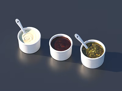 Three Small White Bowls with Various Sauces and Small Spoons 3d model