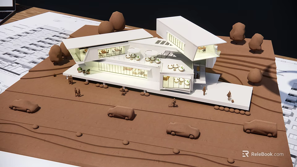Modern Architectural Model of White Building With Open Design Trees and Cars 3d model 