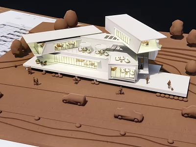 Modern Architectural Model of White Building With Open Design Trees and Cars 3d model