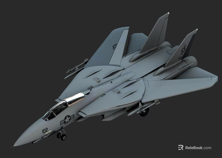 Gray F-14 Fighter Jet With Twin Tail Fins Weapon Mounts And Military Cockpit 3d model 