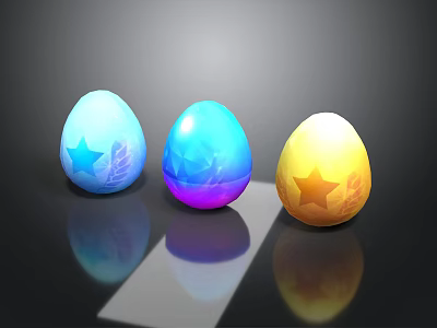 Colorful Easter Eggs With Star Leaf Patterns On Black Reflective Surface 3d model