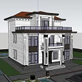 Elegant Two Story Detached Villa With White Exterior Balcony Large Windows And Courtyard Greenery