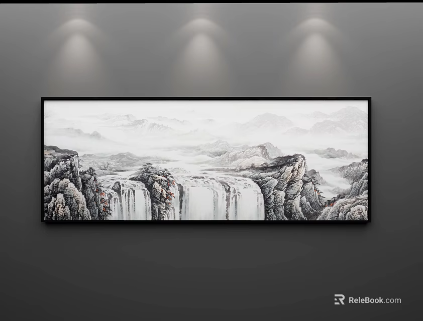 Chinese Landscape Painting With Mountains Waterfall Mist And Spotlights On Wall 3d model 