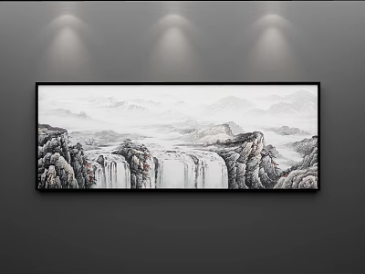 Chinese Landscape Painting With Mountains Waterfall Mist And Spotlights On Wall 3d model