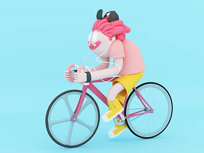 Game Character With Pink Curly Hair Black Cap Riding Pink Bicycle On Light Blue Background 3d model