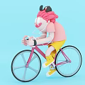 Game Character With Pink Curly Hair Black Cap Riding Pink Bicycle On Light Blue Background