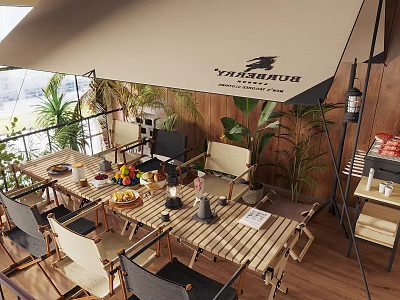 Outdoor Patio Wooden Table and Chair Set with Awning Plants and Fruits Decor 3d model