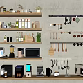 Organized Kitchen Shelves Featuring Various Kitchenware Appliances Jars And Hanging Utensils