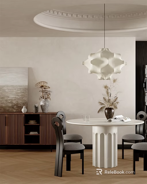 Elegant Modern Dining Table Set With White Round Table Black Chairs And Pendant Light 3d model