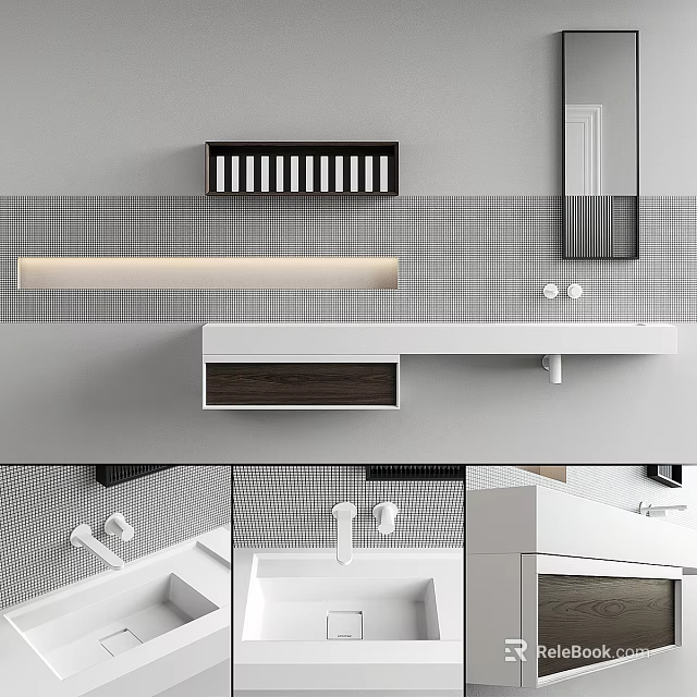 Modern Bathroom Washing Essentials With Wall Mounted Shelf Sink And Mirror 3d model 