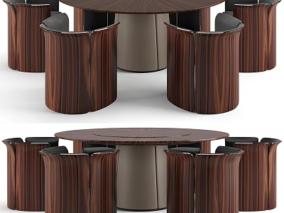 Modern Round Wooden Dining Table Set With Matching Chairs And Stylish Design 3d model